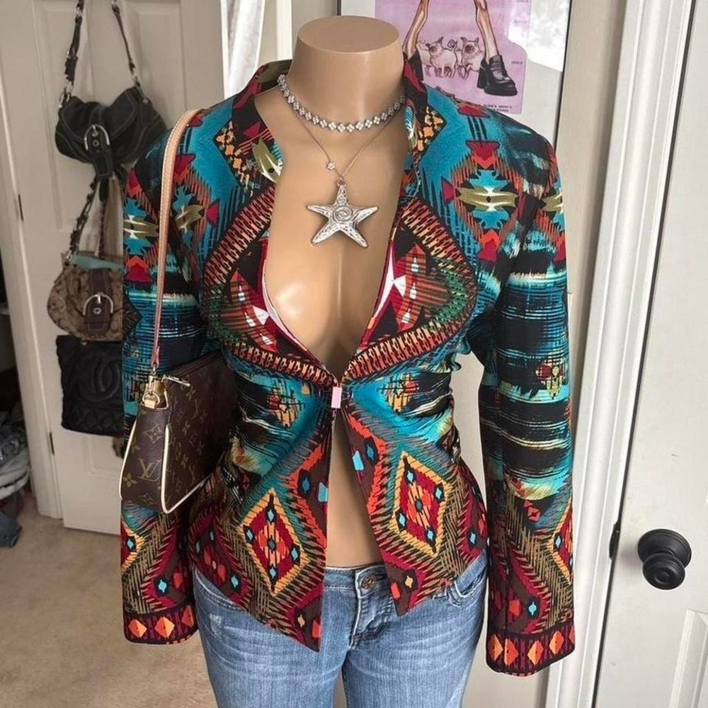 Y2K 2000s avant garde Chico's western aztec print blouse